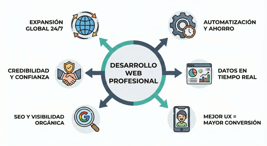 Gráfico circular detallando los 6 beneficios estratégicos del desarrollo web: expansión global, automatización, datos en tiempo real, experiencia de usuario (UX), SEO y credibilidad.