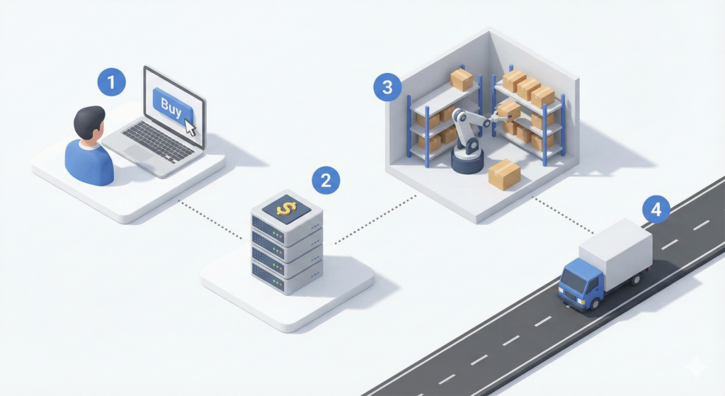 Diagrama de flujo que muestra el proceso de una compra online desde el clic del cliente hasta la entrega logística.