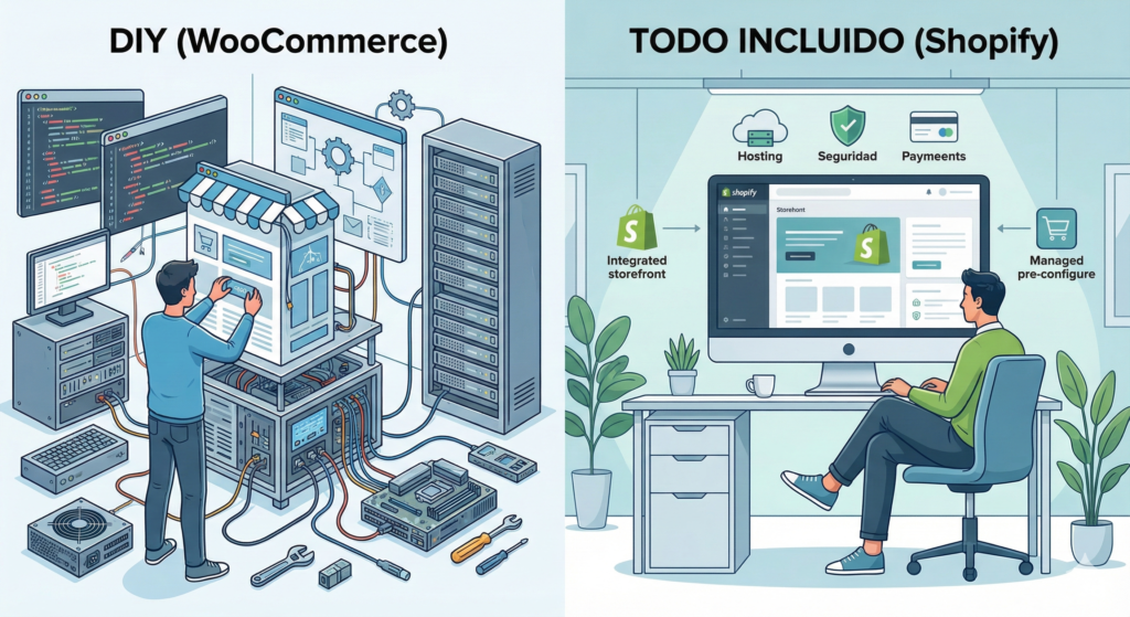 Ilustración comparativa: a la izquierda construcción manual de tienda online (tipo WooCommerce) y a la derecha panel de control automatizado y moderno (tipo Shopify).