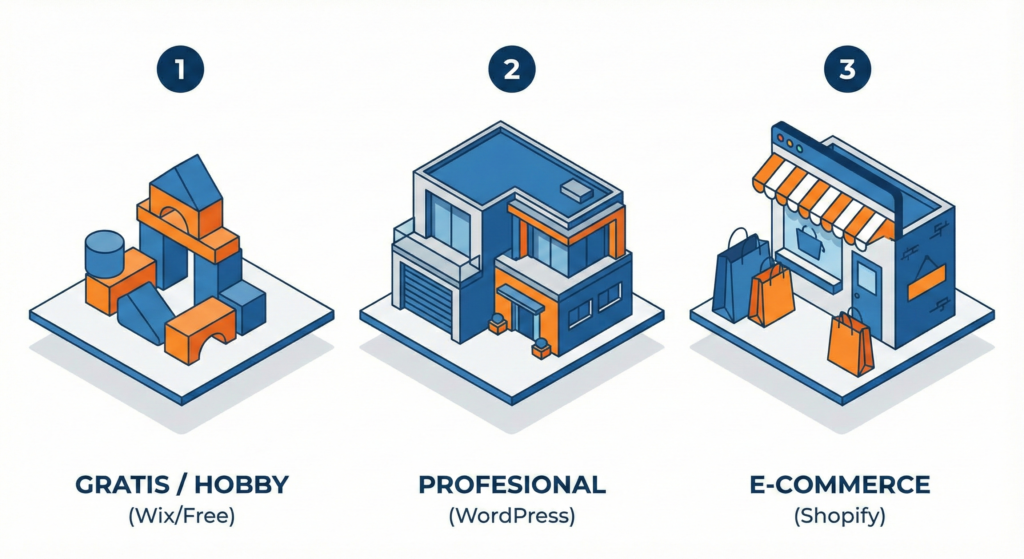 Ilustración comparativa de plataformas web: opciones gratuitas para hobbies, WordPress para profesionales y Shopify para tiendas online. Ubicación: En el Paso 2, justo después del párrafo introductorio.