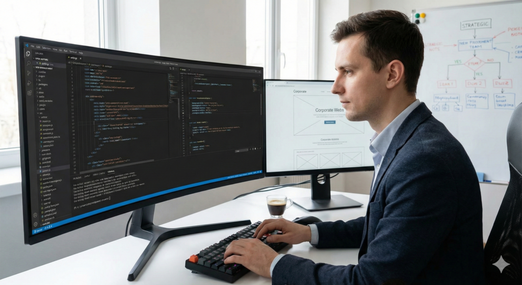 Desarrollador web profesional trabajando en código personalizado para optimizar un sitio web corporativo.