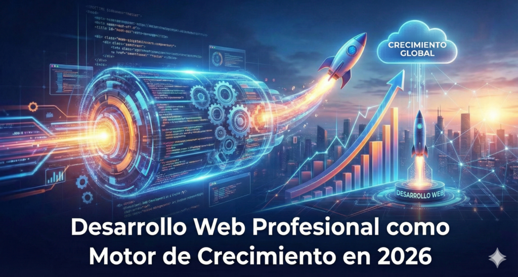 Ilustración futurista de un motor digital impulsando un gráfico de crecimiento empresarial, representando el desarrollo web profesional como la clave para la expansión global en 2026.