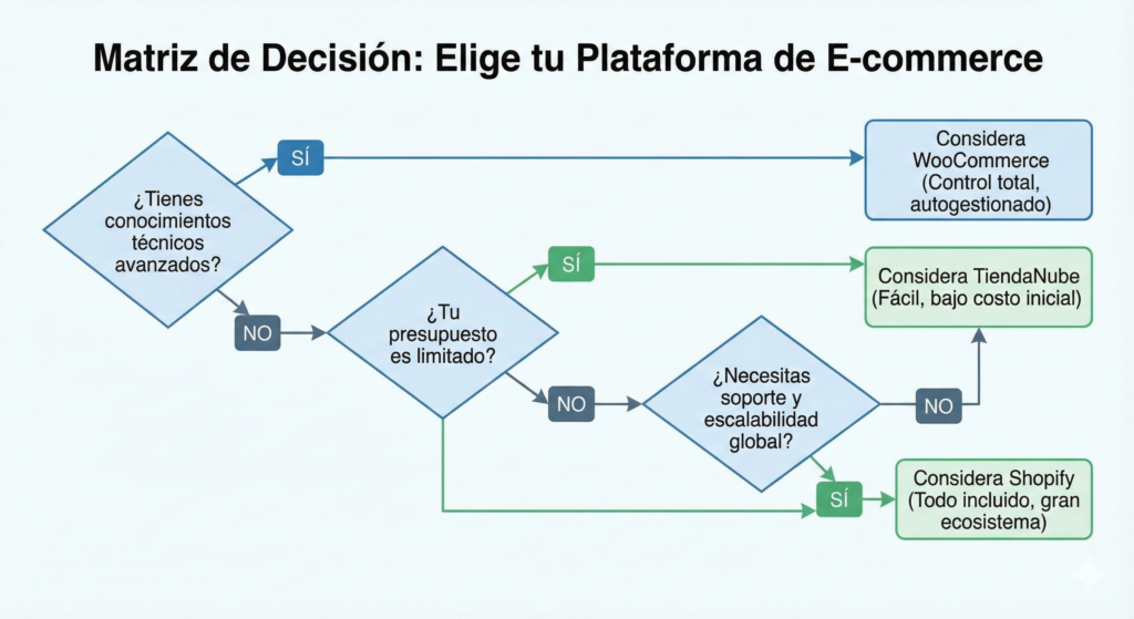 Diagrama de flujo para decidir qué plataforma de e-commerce usar según conocimientos técnicos, presupuesto y necesidad de soporte.