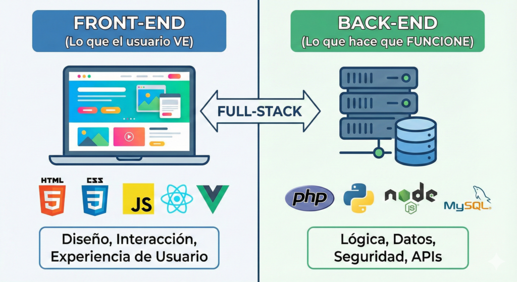 Infografía comparativa dividida entre Front-End (lo que ve el usuario) y Back-End (lógica del servidor), mostrando tecnologías como React, Node.js y bases de datos.