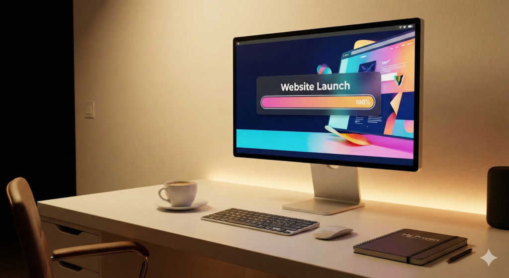 Espacio de trabajo moderno mostrando el lanzamiento exitoso de una página web profesional en 2026. Ubicación: Al inicio del artículo, como imagen de cabecera.