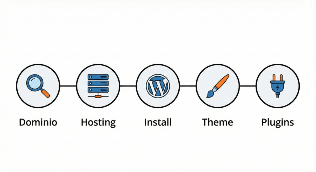 Línea de tiempo visual mostrando los pasos técnicos: registro de dominio, contratación de hosting, instalación de WordPress, elección de tema y plugins. Ubicación: Al inicio del Paso 3.