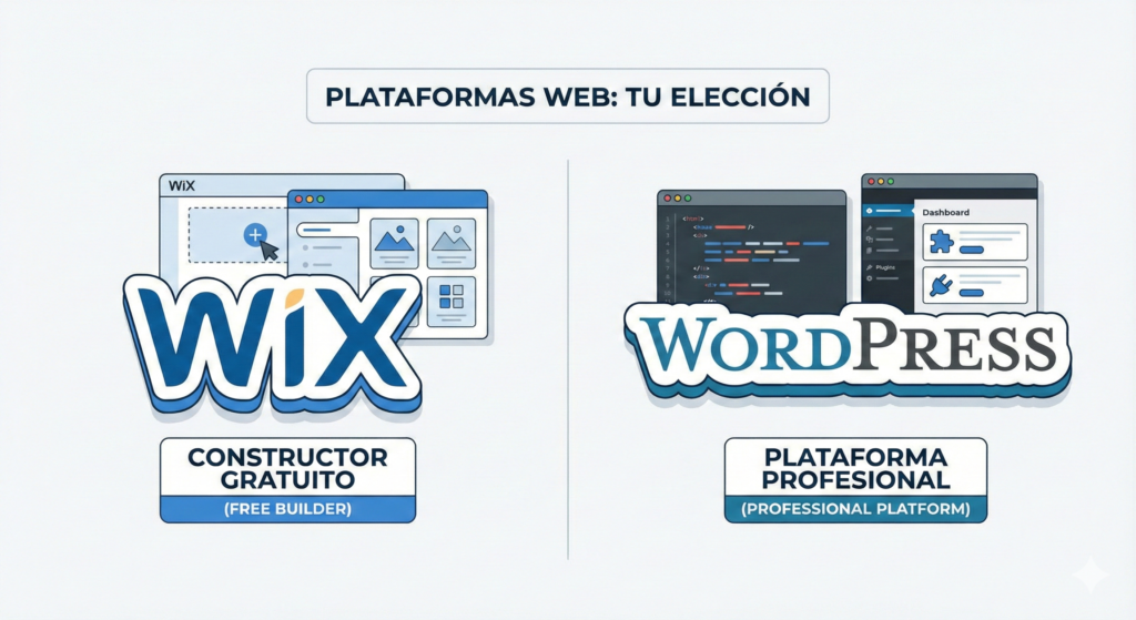 Comparativa visual de logotipos entre Wix (constructor gratuito) y WordPress (plataforma profesional).