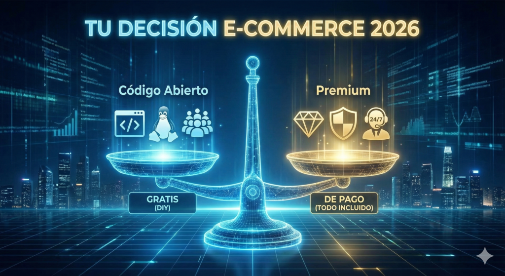 Imagen de portada futurista mostrando una balanza digital equilibrando soluciones de e-commerce gratuitas (código abierto) y de pago (premium), representando la decisión estratégica para emprendedores.