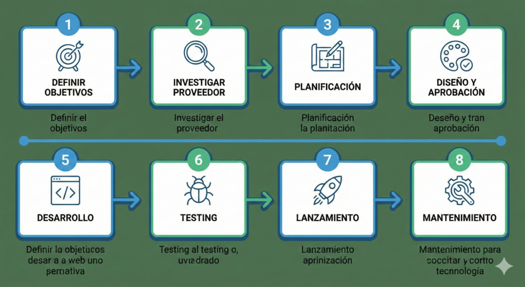 Diagrama de flujo horizontal que ilustra las 8 etapas del proceso de desarrollo web profesional, desde la definición de objetivos y diseño hasta el lanzamiento y mantenimiento.
