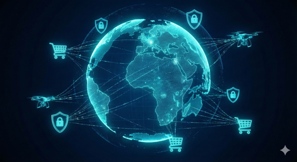 Representación futurista del ecosistema de comercio electrónico global en 2026, conectando pagos, logística y consumidores digitalmente.