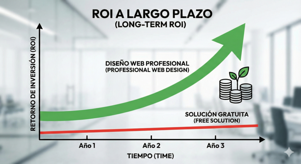 Gráfico de crecimiento empresarial mostrando el alto retorno de inversión (ROI) al contratar servicios de diseño web profesional.