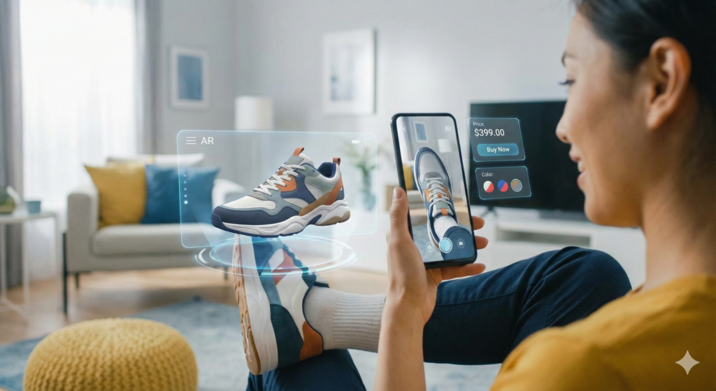 Usuario probando zapatillas virtualmente usando realidad aumentada en su smartphone, representando el futuro del comercio electrónico.