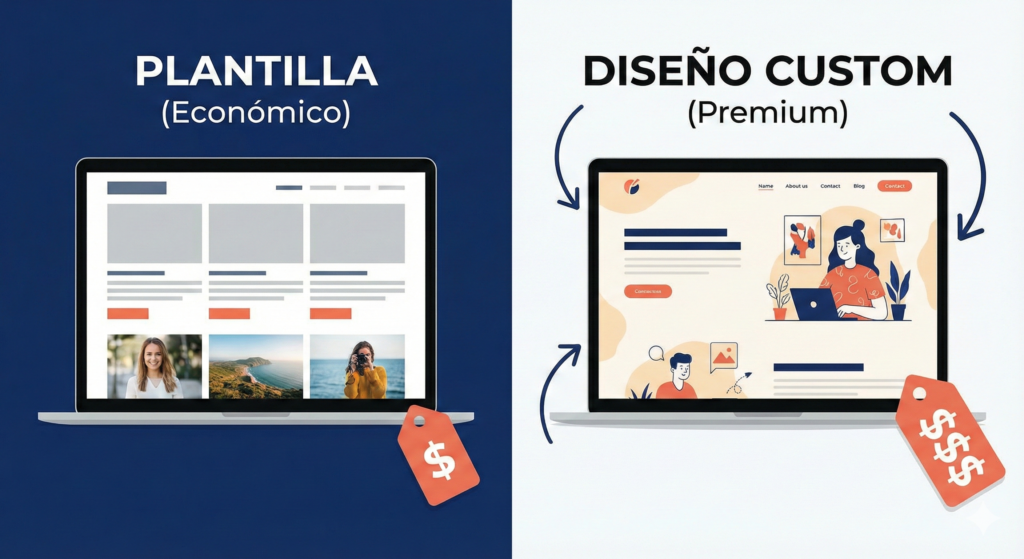 Ilustración comparativa mostrando visualmente la diferencia entre un diseño web basado en plantilla (económico y genérico) y un diseño web 100% personalizado (premium y único).