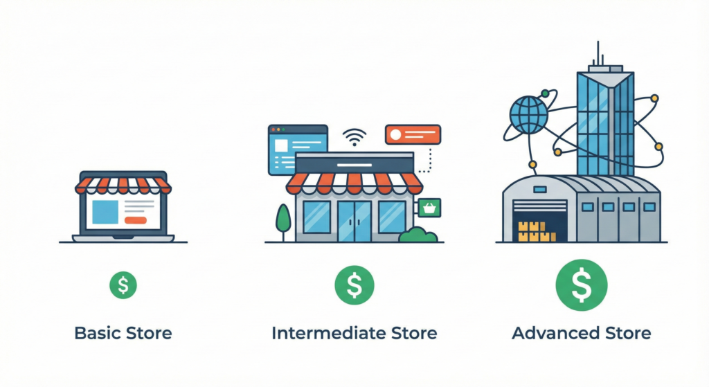 Gráfico comparativo de tres niveles de tiendas online: Básica para emprendedores, Intermedia para pymes y Avanzada para grandes empresas.