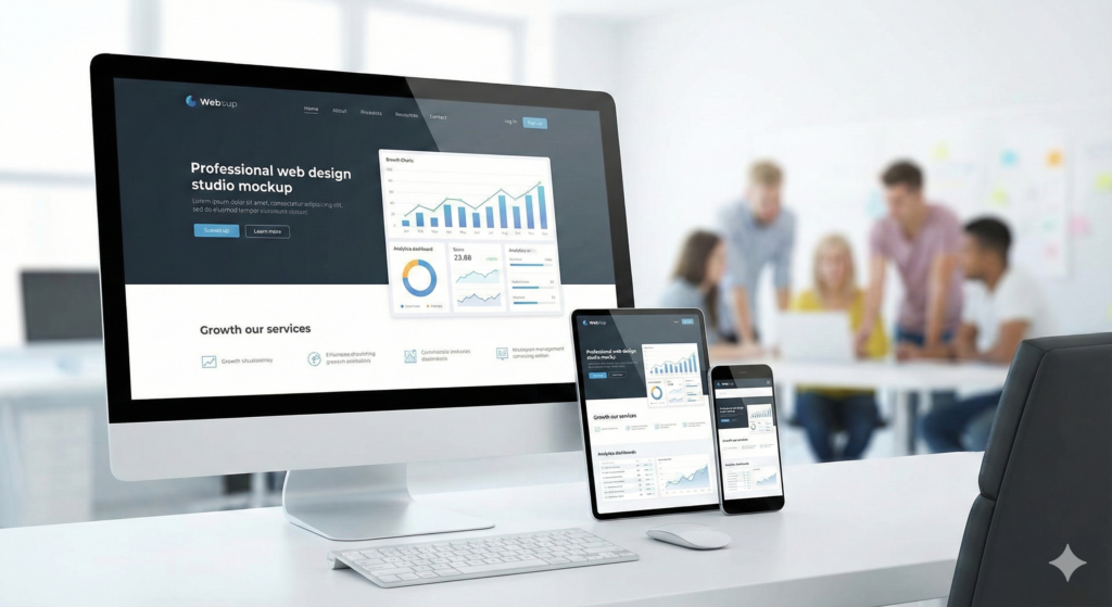 Estudio de diseño web profesional mostrando un sitio web estratégico en múltiples dispositivos con gráficos de crecimiento y análisis de datos.