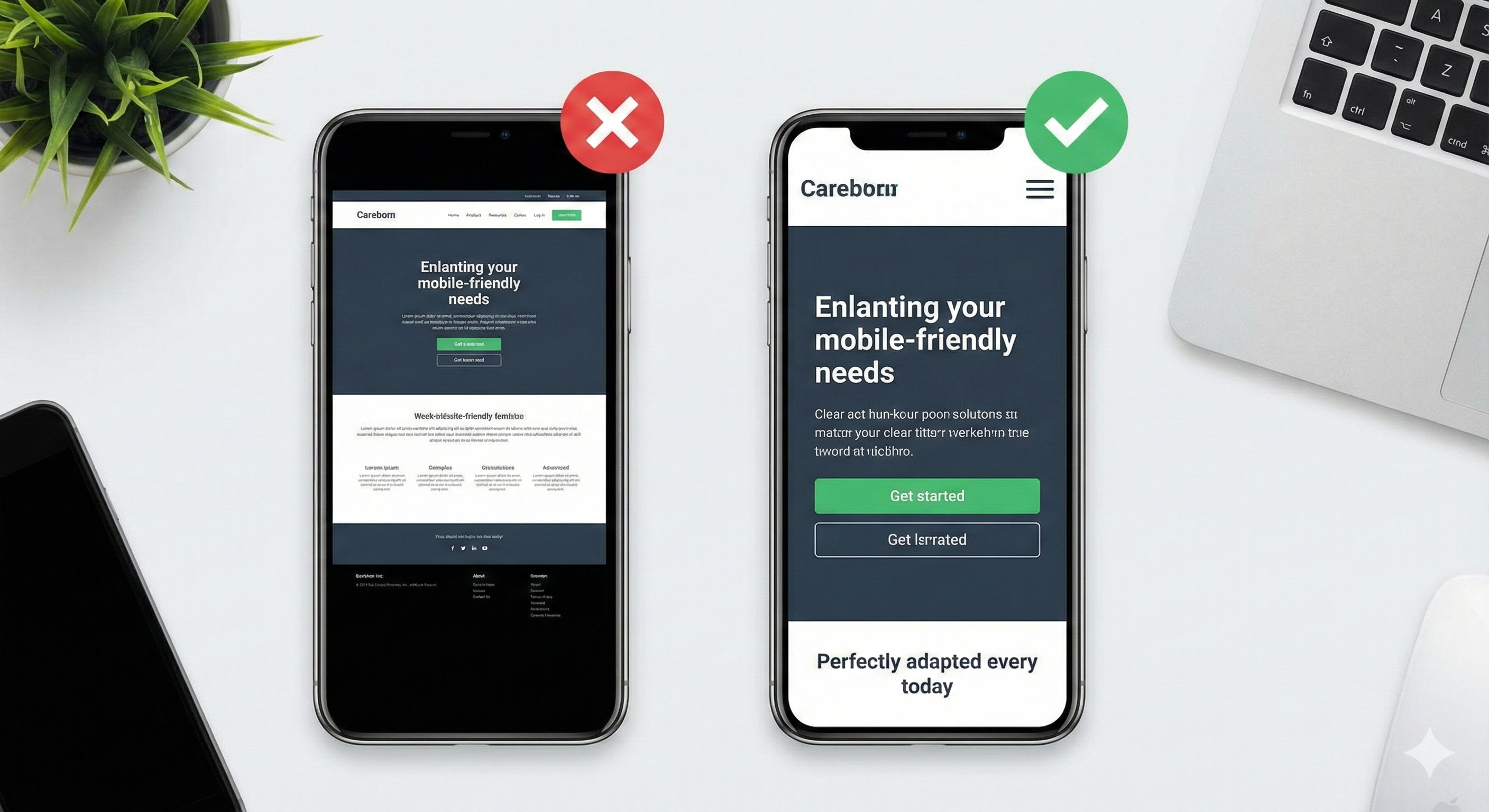 Comparativa visual entre un sitio web no responsive (difícil de usar en móvil) y un diseño web responsive optimizado para dispositivos móviles.
