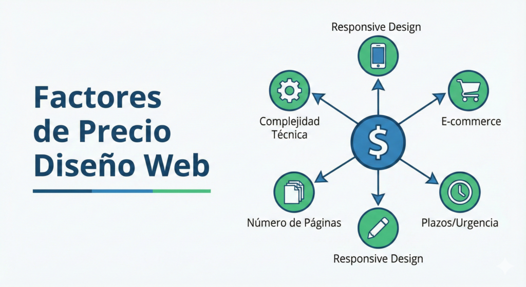 Infografía que ilustra los factores clave que influyen en el precio del diseño web: complejidad, número de páginas, diseño responsive, e-commerce, contenido y plazos.