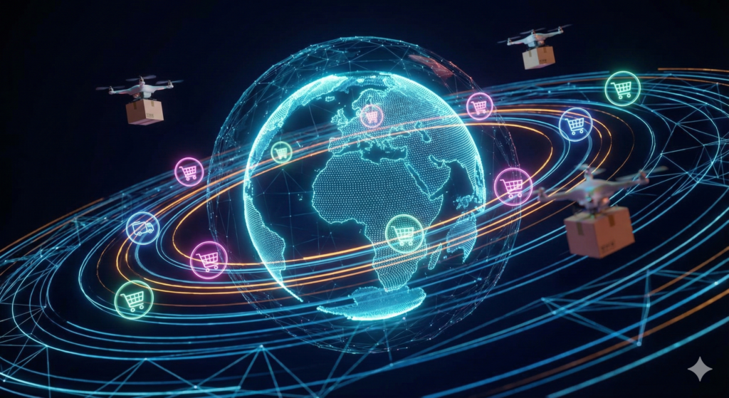Representación conceptual del comercio electrónico global en 2026, mostrando un mundo digital interconectado con envíos rápidos y tecnología avanzada de ventas online.