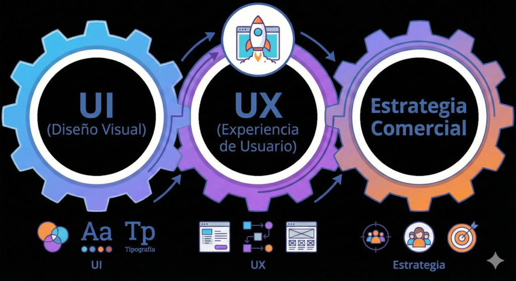 Infografía ilustrando los tres pilares del diseño web profesional: Interfaz de Usuario (UI), Experiencia de Usuario (UX) y Estrategia Comercial.
