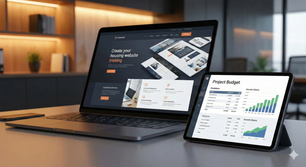 Espacio de trabajo moderno que representa la inversión en diseño web profesional, mostrando un sitio web en desarrollo y un análisis de presupuesto digital.