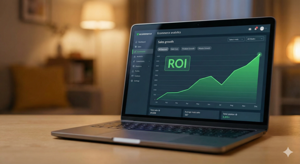 Panel de análisis de una tienda online mostrando crecimiento de ventas y un retorno de inversión (ROI) positivo en un entorno de oficina moderna.