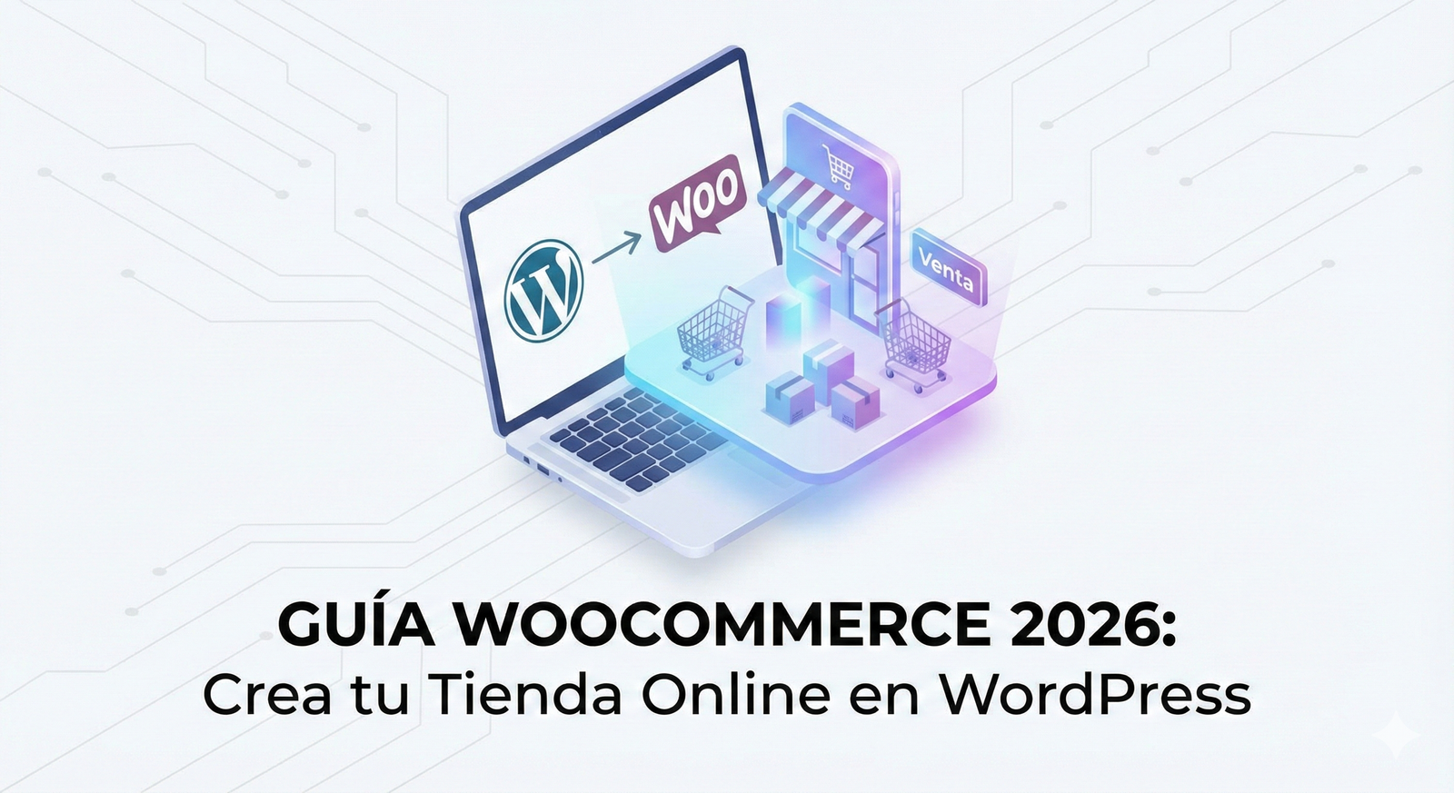 Gráfico isométrico que explica el funcionamiento de una tienda WooCommerce en 4 etapas clave: elección del producto, gestión del carrito, pago seguro y logística de envío.