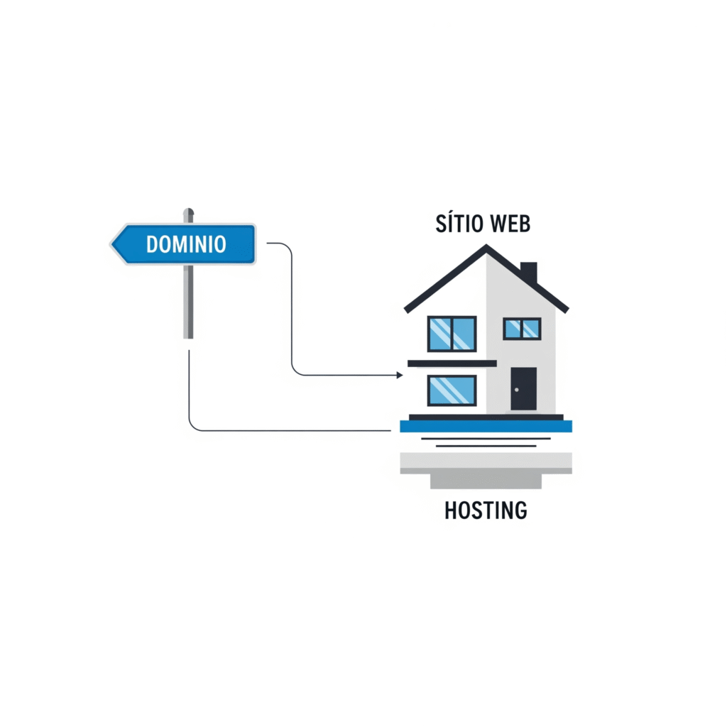 Diagrama visual que explica la diferencia entre Dominio (señal de calle), Sitio Web (casa) y Hosting (terreno/base), mostrando cómo se conectan los tres elementos.
