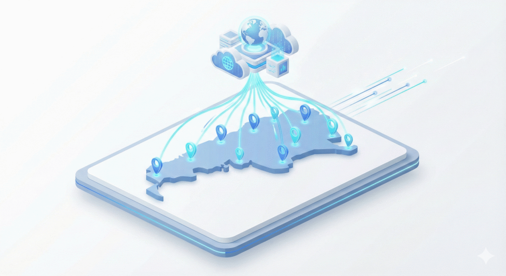 Ilustración 3D isométrica de un mapa estilizado de Argentina conectado mediante líneas de fibra óptica a un servidor global en la nube, representando la velocidad y conectividad de los mejores servicios de alojamiento web.