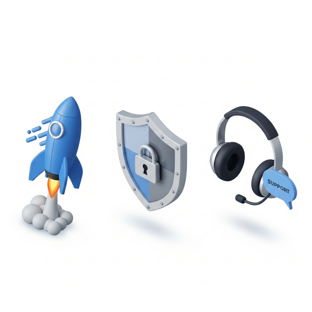 Ilustración 3D isométrica de los 3 factores clave para elegir un hosting: un cohete azul (velocidad), un escudo de seguridad con candado (SSL) y un auricular con burbuja de chat (soporte técnico).