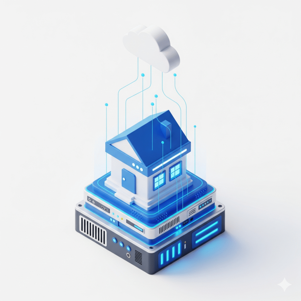 Ilustración 3D isométrica que explica qué es un hosting web: una casa moderna (sitio web) construida sobre un servidor tecnológico sólido (hosting) y conectada a la nube.