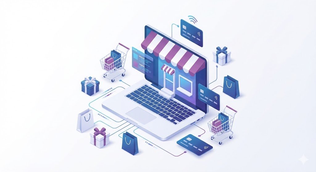 Ilustración 3D isométrica de una tienda online moderna emergiendo de la pantalla de un ordenador portátil, con elementos como carritos de compra, productos y tarjetas de crédito flotando, representando el poder de WooCommerce.