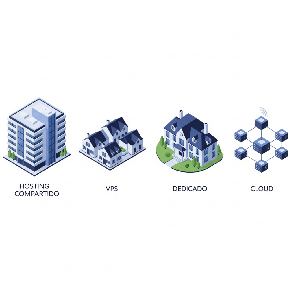 Ilustración isométrica que compara los 4 tipos de hosting web representados como edificios: Hosting Compartido (apartamento), VPS (casas adosadas), Dedicado (mansión) y Cloud (red de nodos). Estilo corporativo azul y gris.