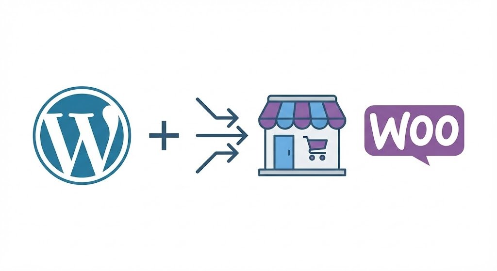 Ilustración minimalista que muestra la integración de WordPress (logo azul) con el plugin WooCommerce (logo púrpura), fusionándose para crear una tienda online moderna y funcional.