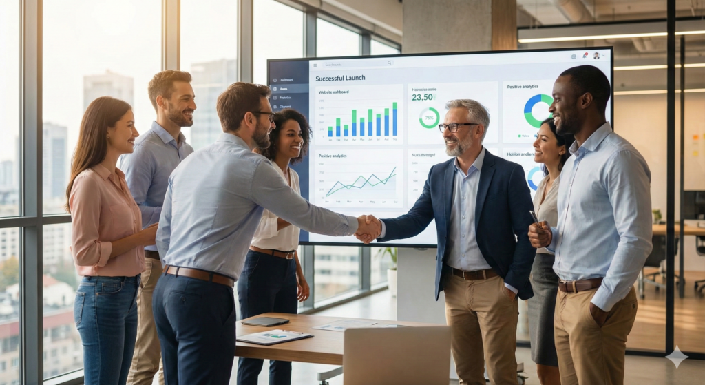 Equipo profesional de diseño y desarrollo web celebrando el lanzamiento exitoso de un sitio corporativo en una oficina moderna.