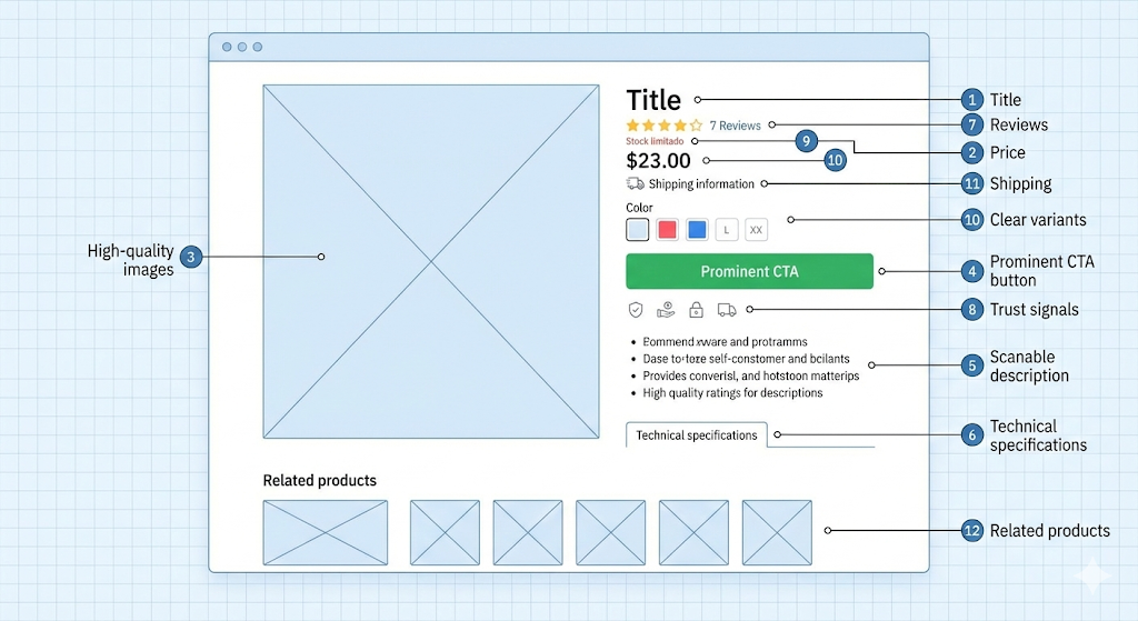 Infografía tipo wireframe mostrando los 12 elementos esenciales de una ficha de producto de e-commerce perfecta, con etiquetas numeradas para cada componente.