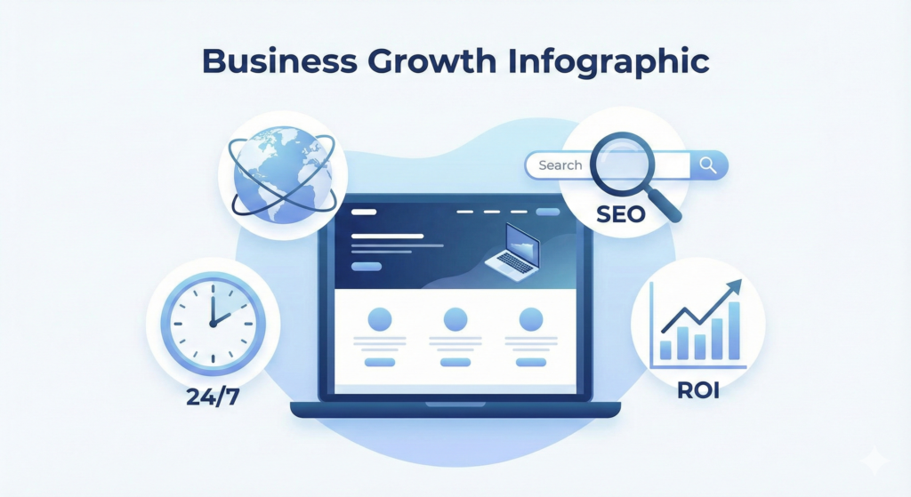 Infografía ilustrando los beneficios clave de tener un sitio web: alcance global, disponibilidad 24/7, visibilidad SEO y crecimiento de ventas (ROI).