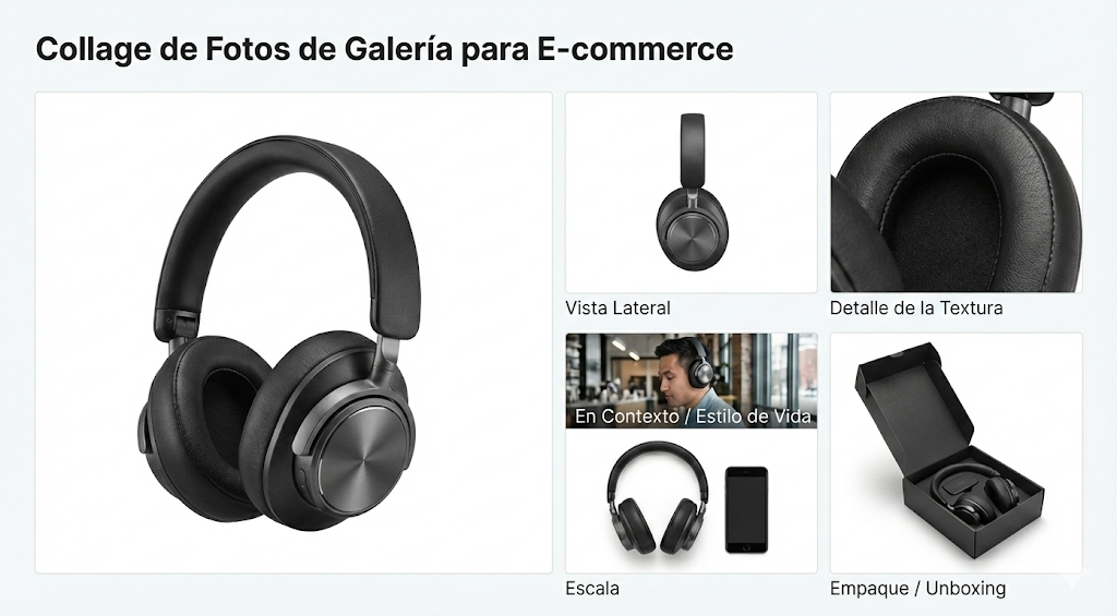 Collage de fotos de producto para e-commerce mostrando diferentes ángulos, detalles, lifestyle, escala y packaging de unos auriculares.