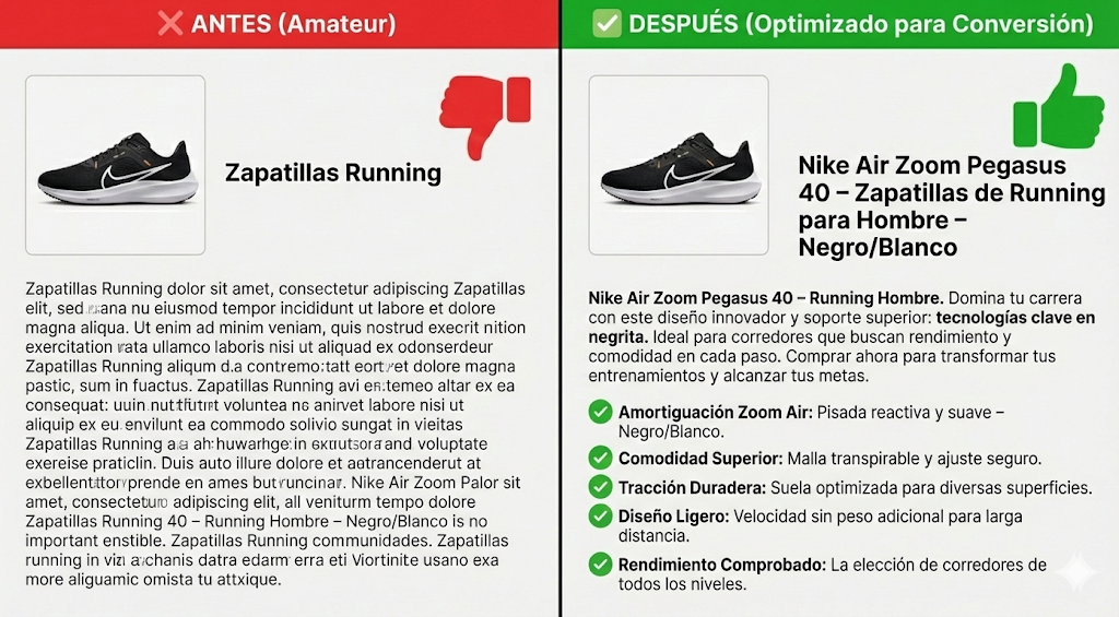 Infografía comparativa mostrando un título y descripción de producto genérico (Antes) frente a una versión optimizada con SEO y beneficios (Después).