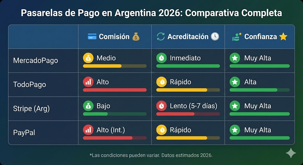 Infografía comparativa de comisiones, tiempos de acreditación y confianza de las principales pasarelas de pago en Argentina como MercadoPago y TodoPago.