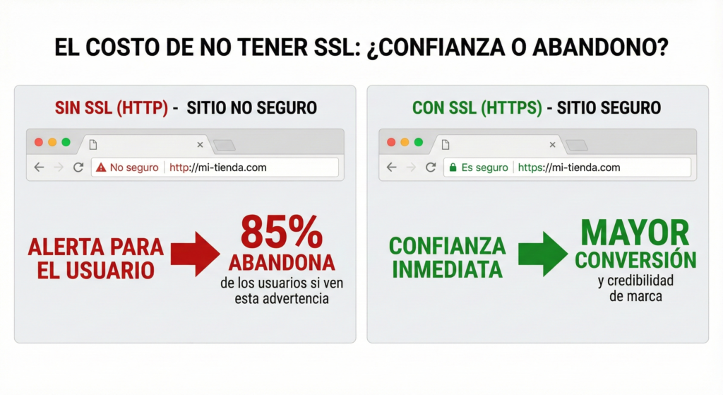 Comparación visual del impacto de no tener certificado SSL en una tienda online, mostrando la alerta "No seguro" del navegador que causa un 85% de abandono, frente al candado verde que genera confianza.