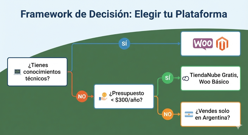 Diagrama de flujo que ayuda a decidir qué plataforma de e-commerce elegir basado en conocimientos técnicos, presupuesto y ubicación geográfica.