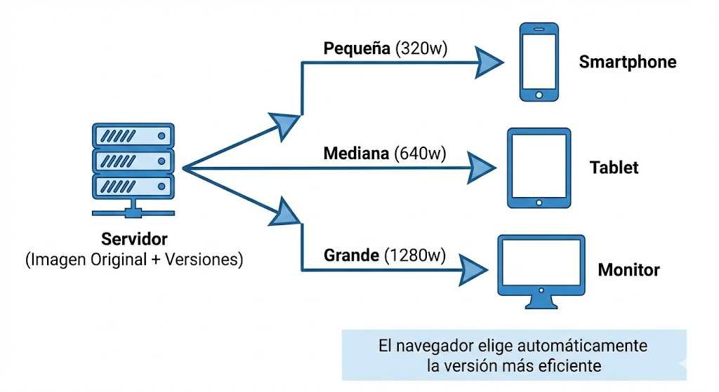 Diagrama técnico que ilustra cómo el atributo srcset sirve diferentes tamaños de imagen automáticamente según el dispositivo del usuario (móvil, tablet o escritorio).