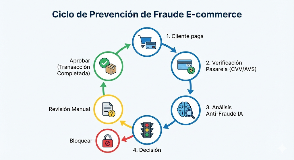 Diagrama de flujo que ilustra el ciclo de prevención de fraude en e-commerce, desde el pago hasta la verificación y aprobación de la transacción.