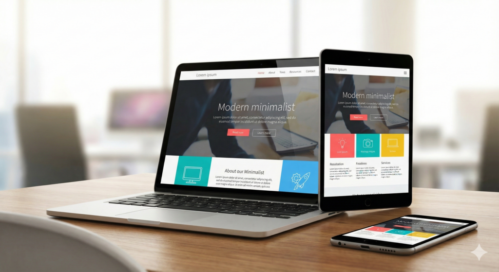 Dispositivos electrónicos (laptop, tablet y móvil) mostrando el mismo sitio web con diseño responsivo adaptado a cada pantalla.