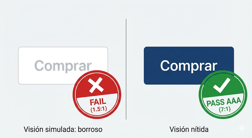 Comparativa de accesibilidad visual mostrando un botón con bajo contraste que falla WCAG frente a uno con alto contraste que cumple el estándar.