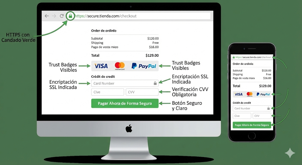 Mockup de una página de checkout de tienda online mostrando elementos clave de seguridad como HTTPS, trust badges y campos encriptados.
