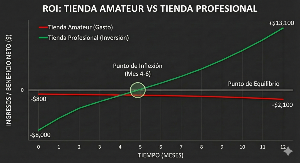 Gráfico de Retorno de Inversión (ROI) que compara la rentabilidad a 12 meses de una tienda online amateur (pérdida constante) frente a una tienda profesional (inversión inicial alta, beneficios exponenciales a partir del mes 5).