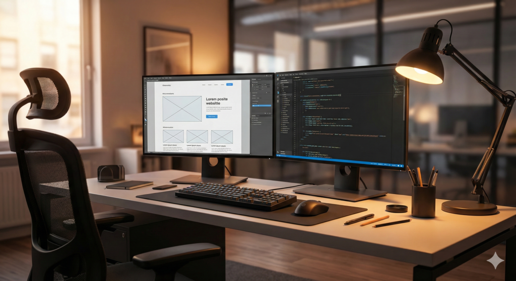 Espacio de trabajo moderno de un diseñador web profesional con pantallas mostrando el proceso de creación de un sitio web.