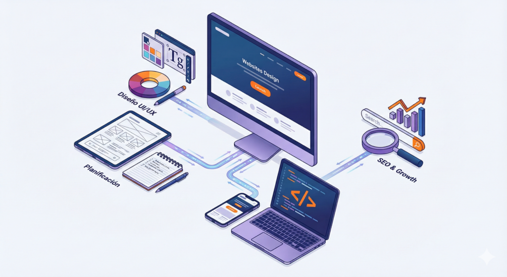 Ilustración isométrica que resume el proceso completo de creación de una página web profesional, mostrando las etapas de planificación estratégica, diseño UI/UX adaptativo, desarrollo de código y optimización SEO para el lanzamiento.