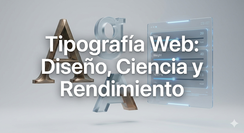 Composición artística de letras 3D y paneles de interfaz de usuario representando el diseño tipográfico web moderno.